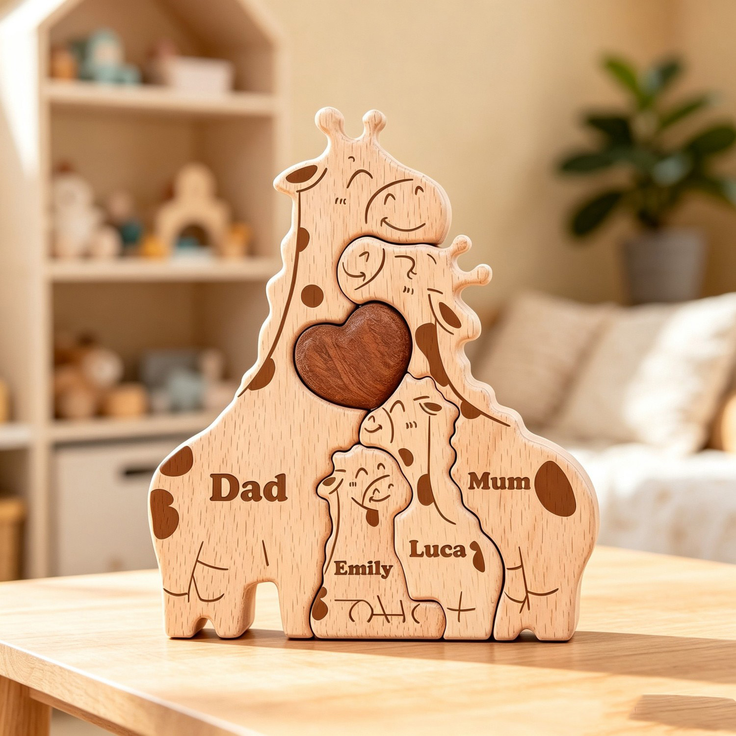 Personalized Wooden Giraffe Family Puzzle – Custom Engraved Name Keepsake for Mom, Dad & Kids – Handcrafted Home Decor Gift for Mother’s Day, Valentine’s Day & Family Milestones