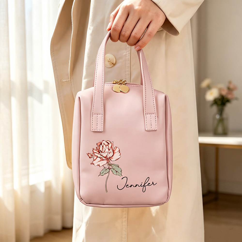 Personalized Birth Flower Makeup Bag with Custom Name, PU Leather Travel Cosmetic Case with Handle, Birthday Gift for Women