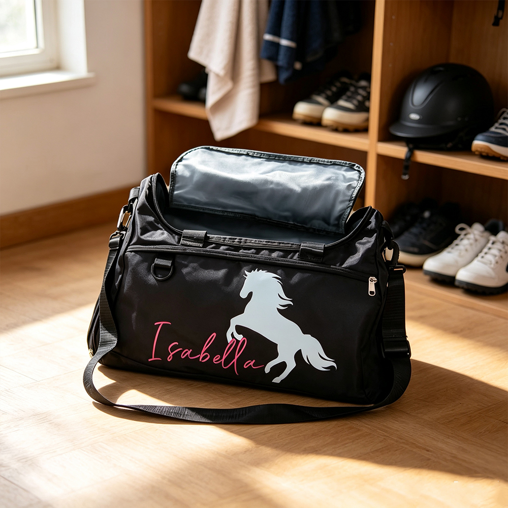 Personalised Horse Riding Duffel Bag with Name, Waterproof Large Capacity Travel Sports Bag, Equestrian Gift for Horse Lovers