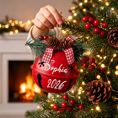 Personalized Christmas Bell Ornament with Pine Cone & Plaid Bow – Custom Name & Year Holiday Tree Decoration