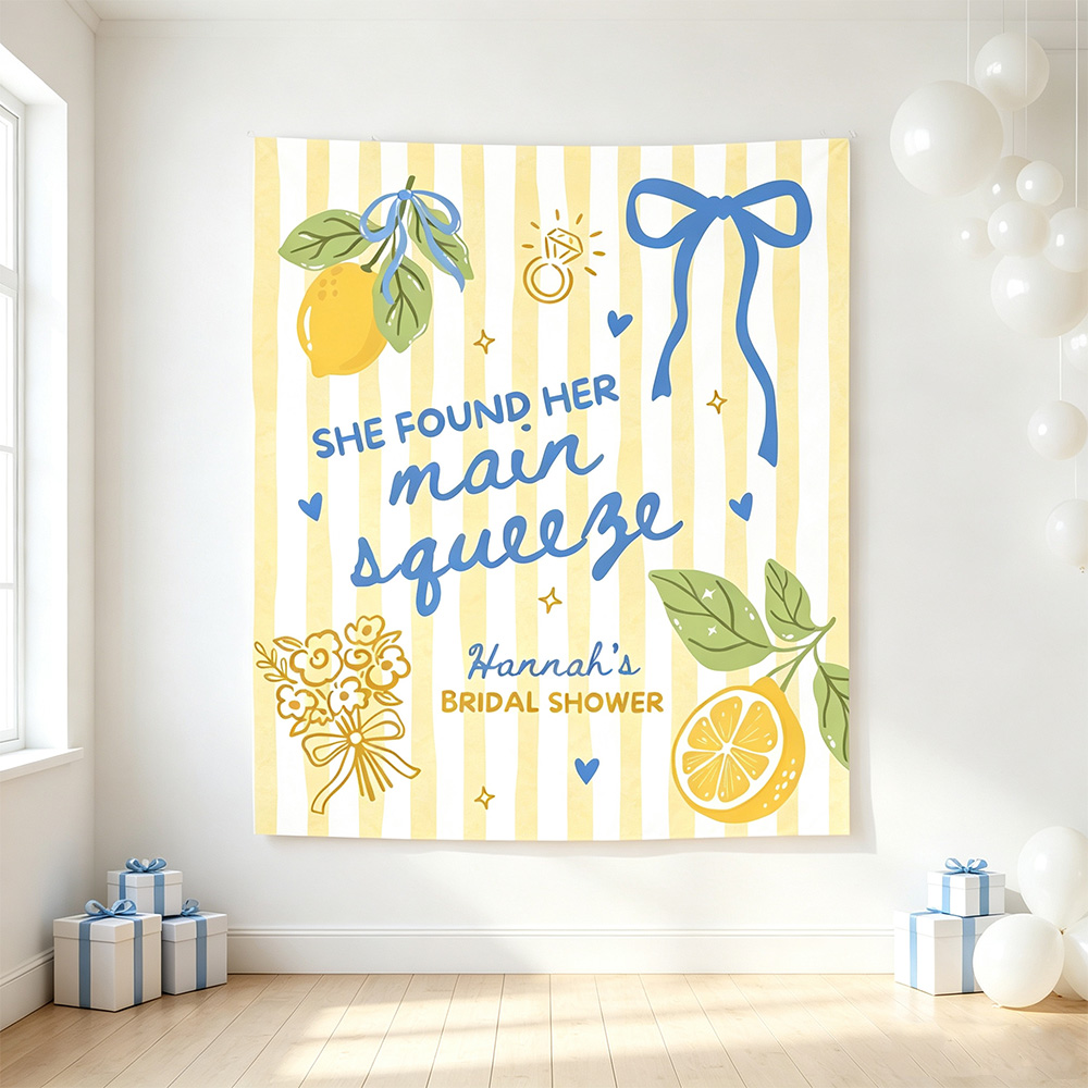 Personalized "She Found Her Main Squeeze" Bridal Shower Backdrop – Custom Lemon Theme Party Banner, Yellow & Blue Striped Photo Booth Prop for Engagement Party