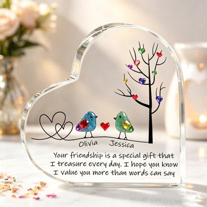 Personalized Sea Glass Birds Heart-Shaped Acrylic Plaque with Two Names, Tree of Life Friendship Desk Decor, Birthday Gift for Sisters and Best Friends
