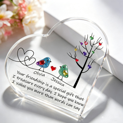 Personalized Sea Glass Birds Heart-Shaped Acrylic Plaque with Two Names, Tree of Life Friendship Desk Decor, Birthday Gift for Sisters and Best Friends