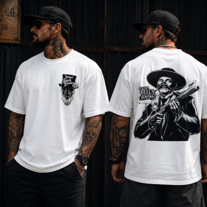 Double-Sided Skull Graphic T-Shirt – Cowboy Western “Tell ’Em Hell’s Coming” Print Tee