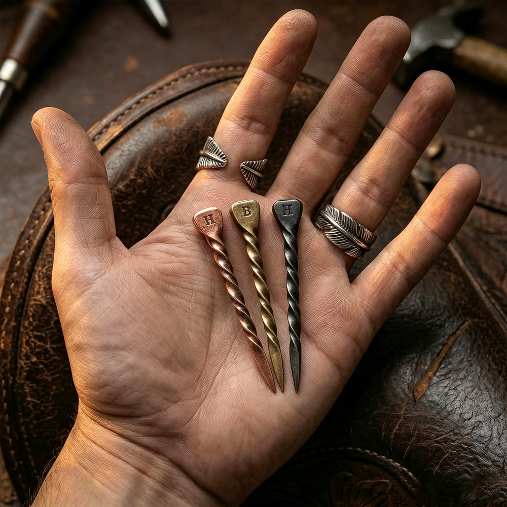 Personalized Engraved Initial Horseshoe Nail Hat Pin, Rustic Metal Cowboy Hat Accessory, Birthday or Father’s Day Gift for Cowboys and Cowgirls