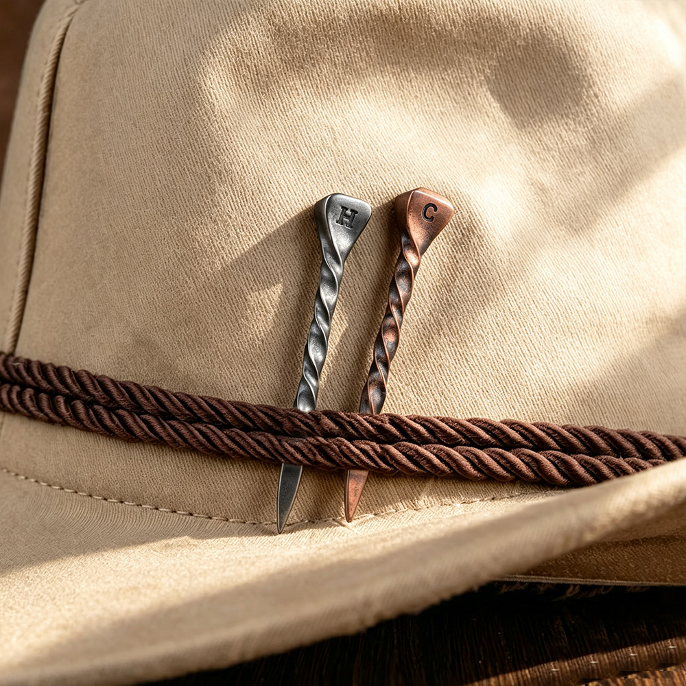 Personalized Engraved Initial Horseshoe Nail Hat Pin, Rustic Metal Cowboy Hat Accessory, Birthday or Father’s Day Gift for Cowboys and Cowgirls