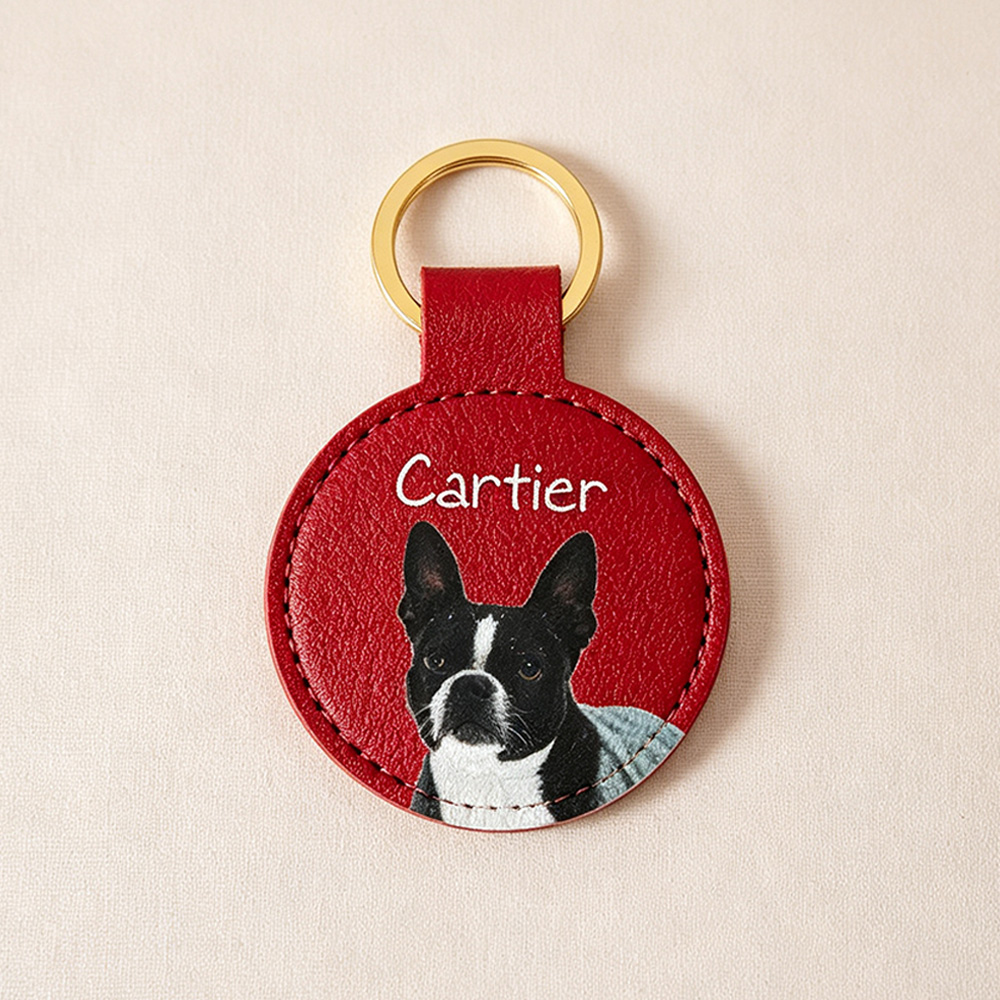 Personalized Pet Photo Leather Keychain – Custom Dog Portrait Key Ring with Name Engraving, 2” Round Gift for Pet Lovers
