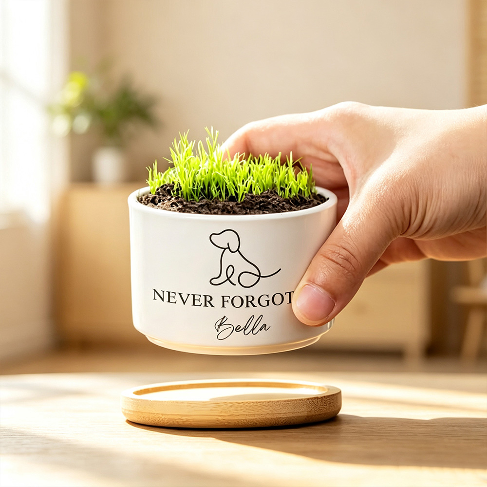 Personalized Pet Memorial Ceramic Planter Pot with Name and Paw Print Design, Succulent Flower Pot with Bamboo Base, Sympathy Gift for Dog Cat Lovers
