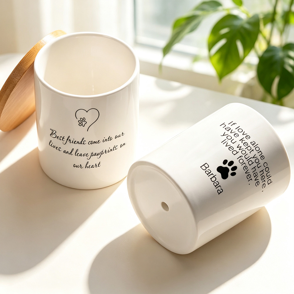 Personalized Pet Memorial Ceramic Planter Pot with Name and Paw Print Design, Succulent Flower Pot with Bamboo Base, Sympathy Gift for Dog Cat Lovers