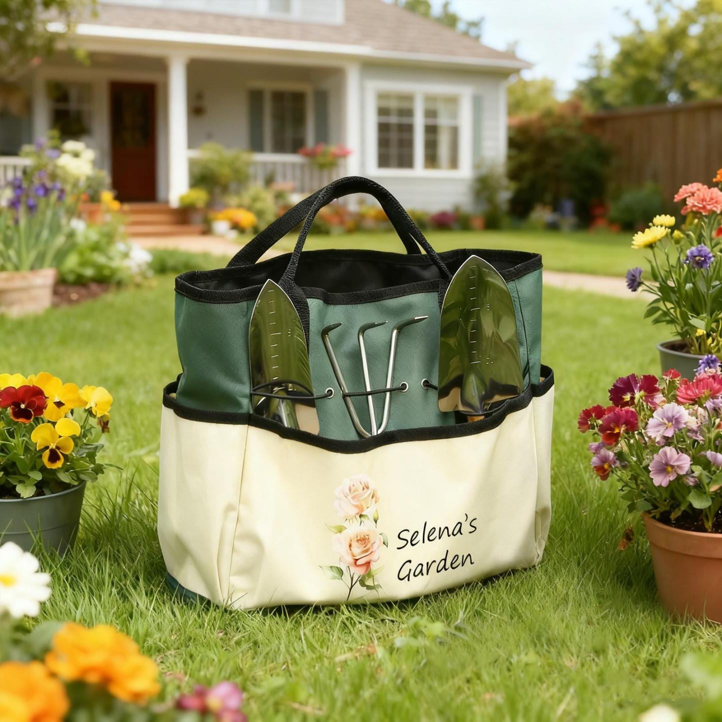 Personalized Gardening Tool Organizer Bag – A custom birth-flower themed gardening gift designed for moms, grandmothers, or gardening enthusiasts.