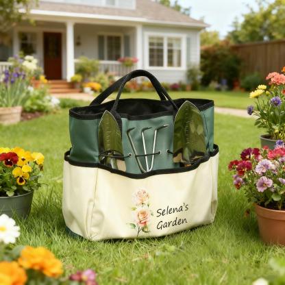 Personalized Gardening Tool Organizer Bag – A custom birth-flower themed gardening gift designed for moms, grandmothers, or gardening enthusiasts.