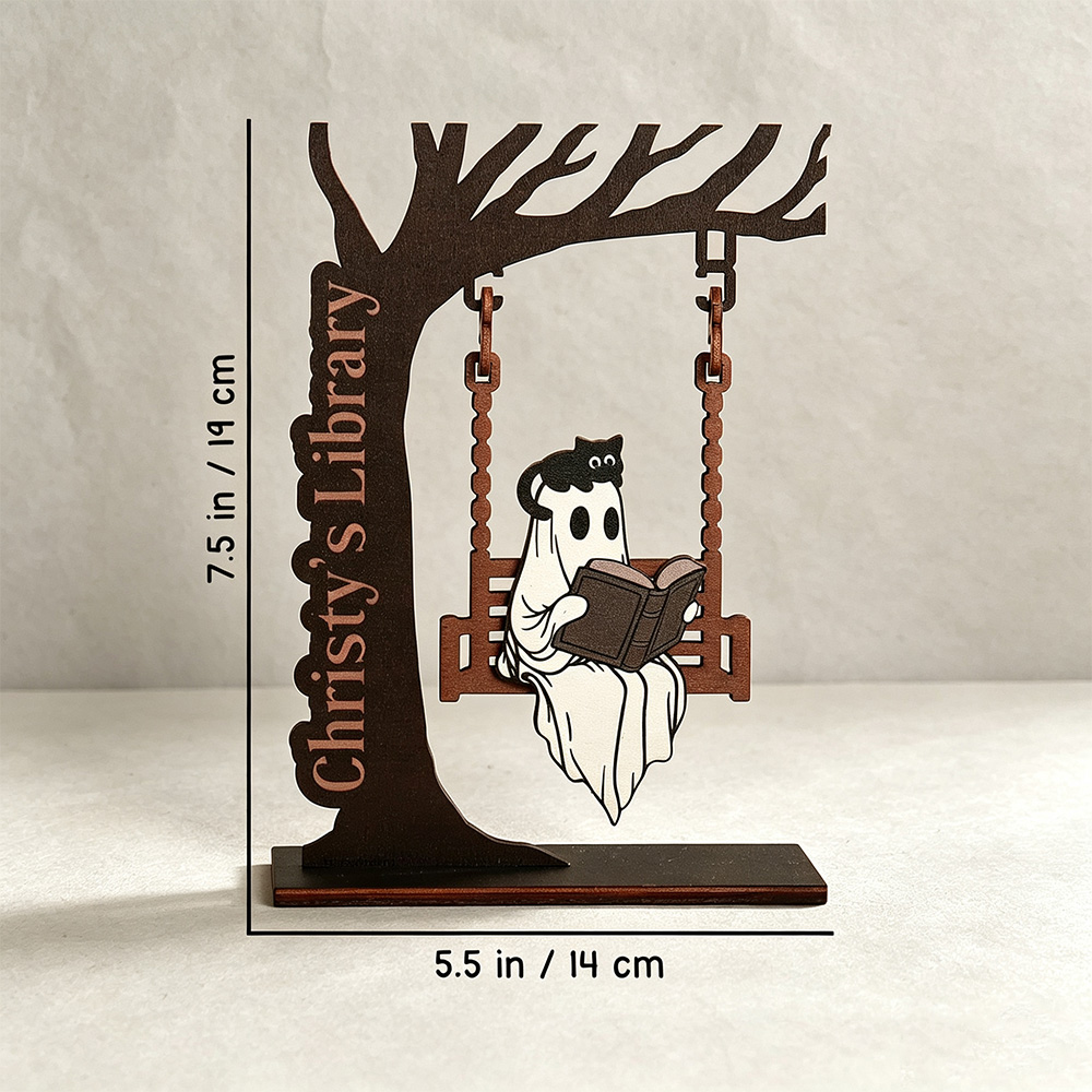 Personalized Ghost on Swing Bookend – Custom Name Tree, Halloween & Bookshelf Decor for Readers, Cozy Home Accent