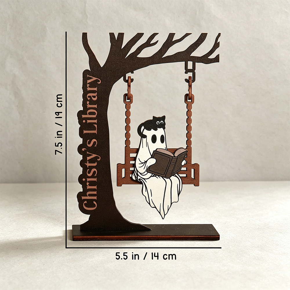 Personalized Ghost on Swing Bookend – Custom Name Tree, Halloween & Bookshelf Decor for Readers, Cozy Home Accent