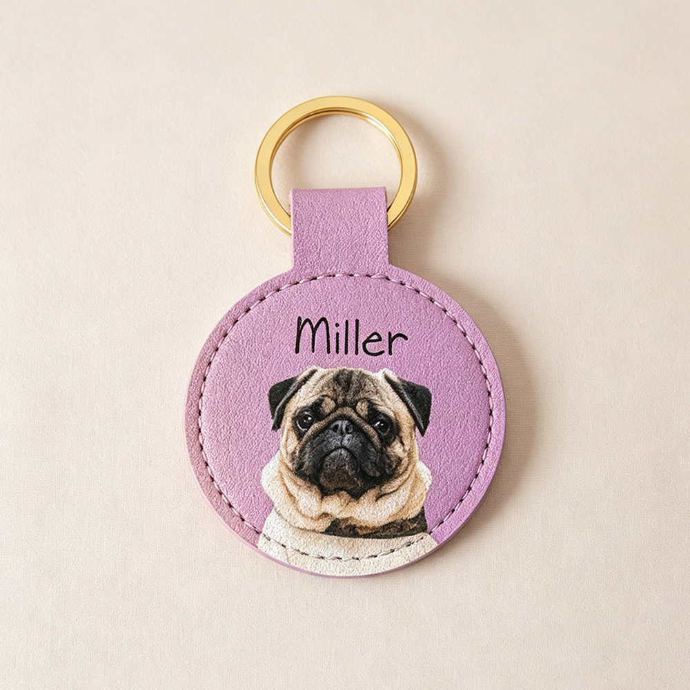 Personalized Pet Photo Leather Keychain – Custom Dog Portrait Key Ring with Name Engraving, 2” Round Gift for Pet Lovers