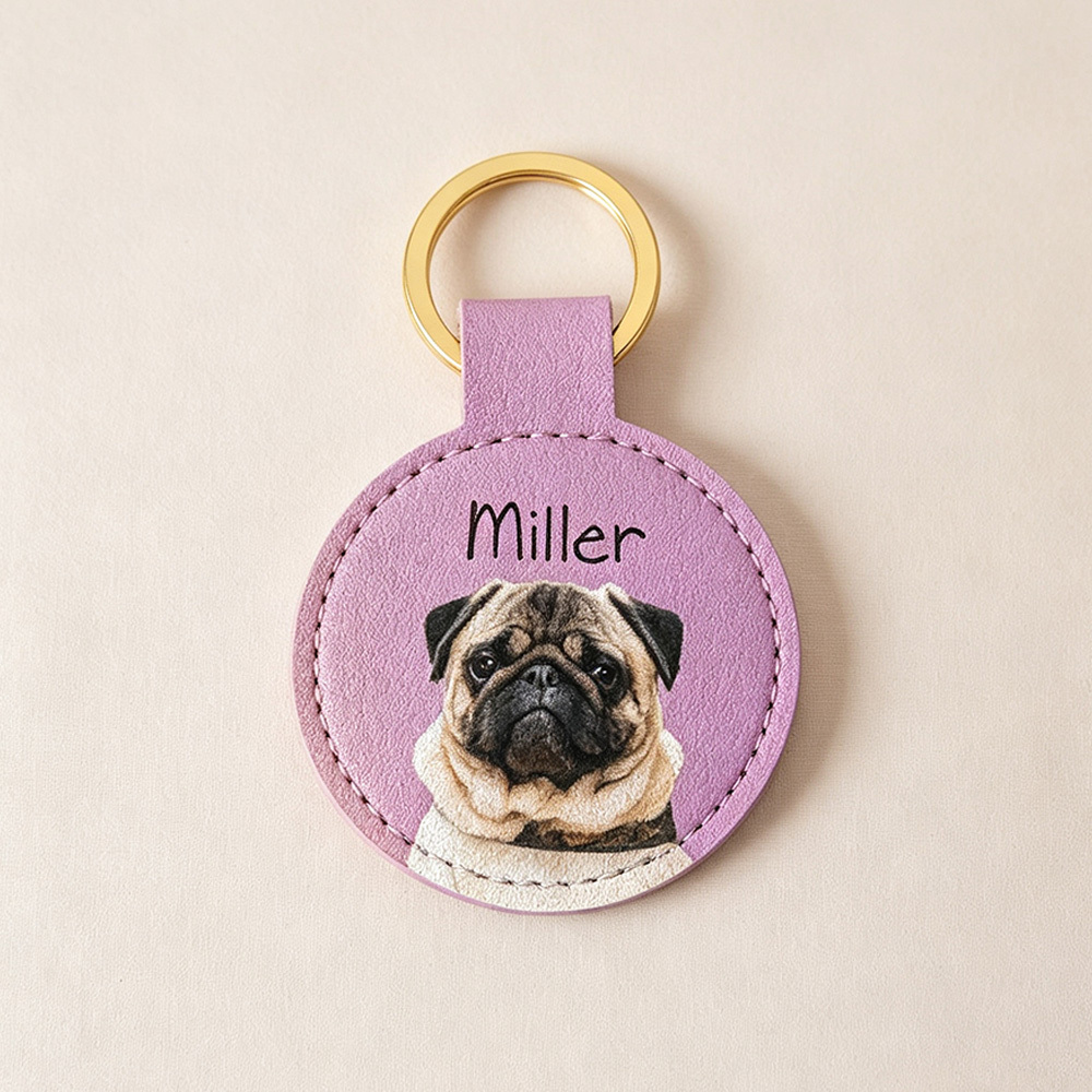 Personalized Pet Photo Leather Keychain – Custom Dog Portrait Key Ring with Name Engraving, 2” Round Gift for Pet Lovers