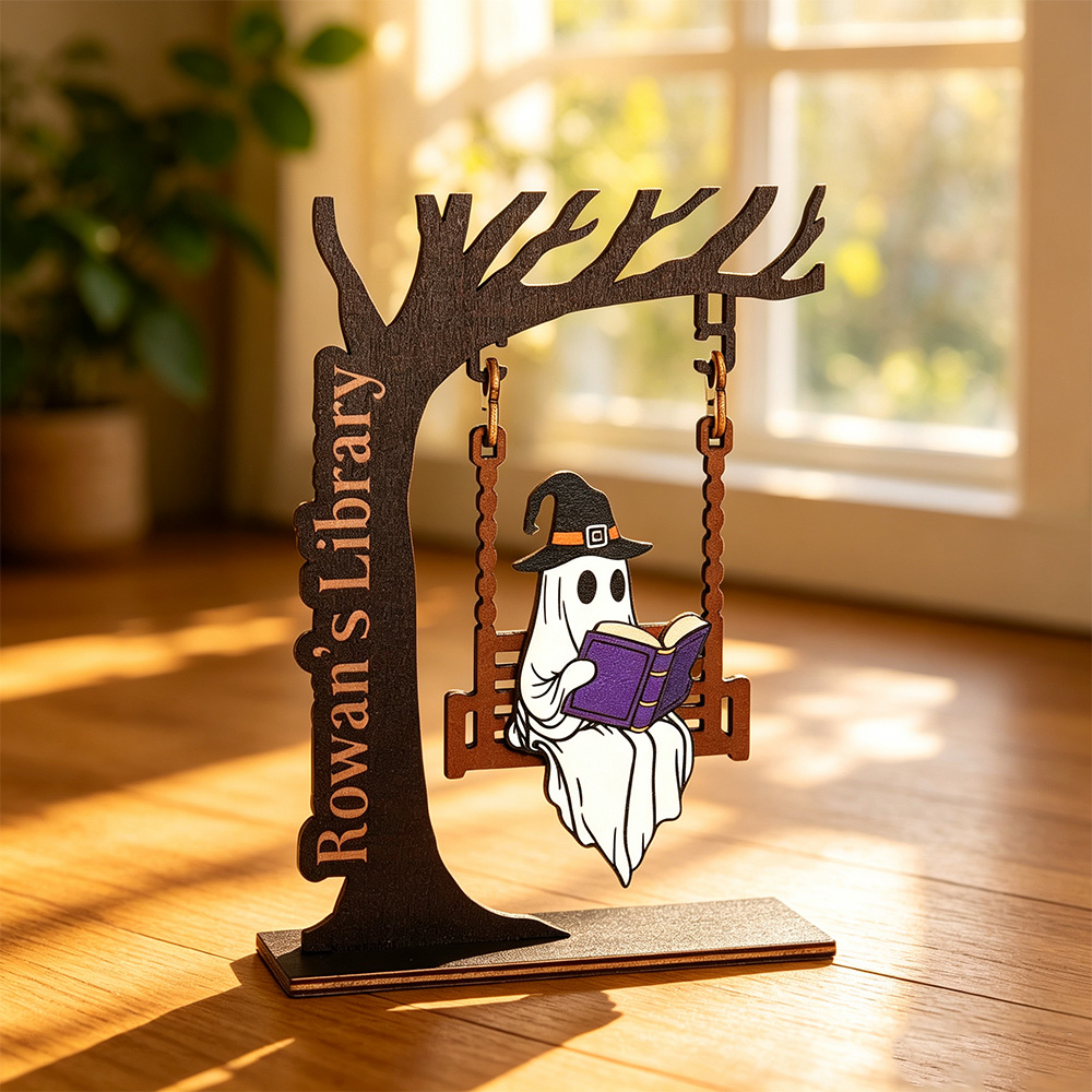 Personalized Ghost on Swing Bookend – Custom Name Tree, Halloween & Bookshelf Decor for Readers, Cozy Home Accent
