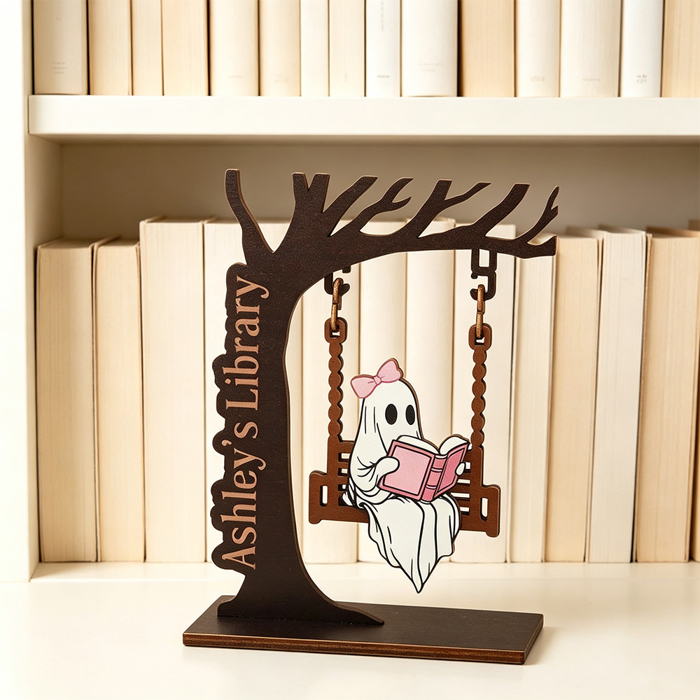 Personalized Ghost on Swing Bookend – Custom Name Tree, Halloween & Bookshelf Decor for Readers, Cozy Home Accent