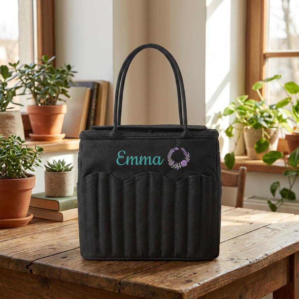  Personalized Floral Wreath Canvas Knitting Bag – Custom Embroidered Yarn Tote with Needle Pockets for Crochet & Craft Supplies