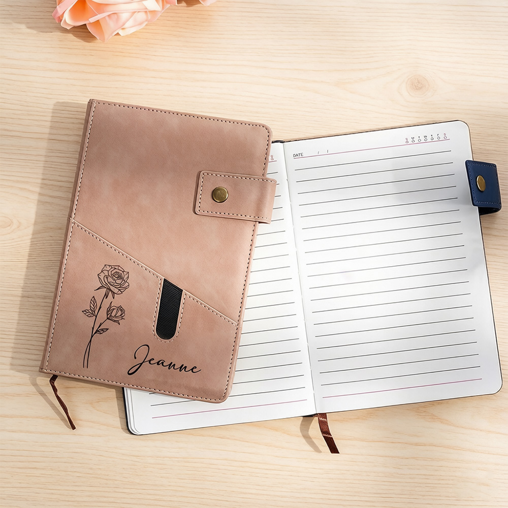 Personalized Birth Flower A5 Notebook with Custom Name, PU Leather Journal with Phone Pocket and Lined Pages, Gift for Women