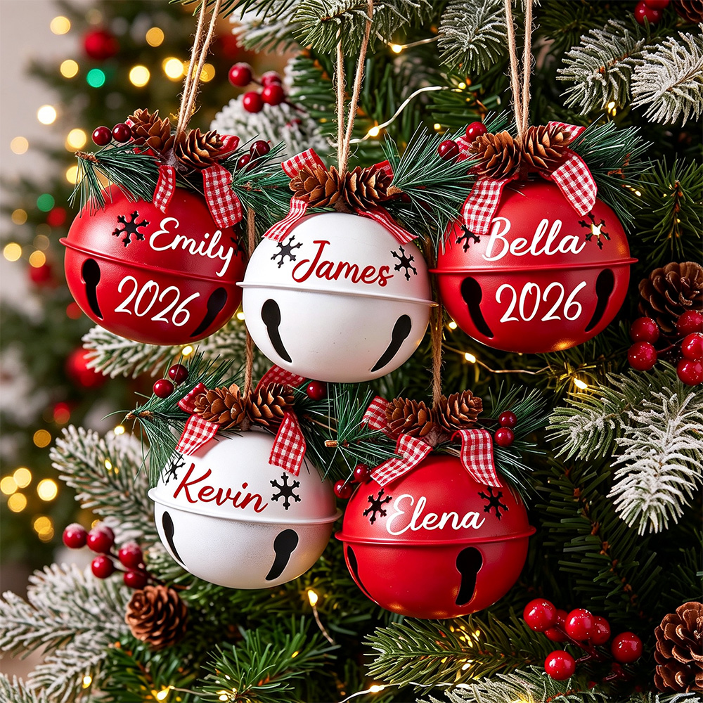 Personalized Christmas Bell Ornament with Pine Cone & Plaid Bow – Custom Name & Year Holiday Tree Decoration