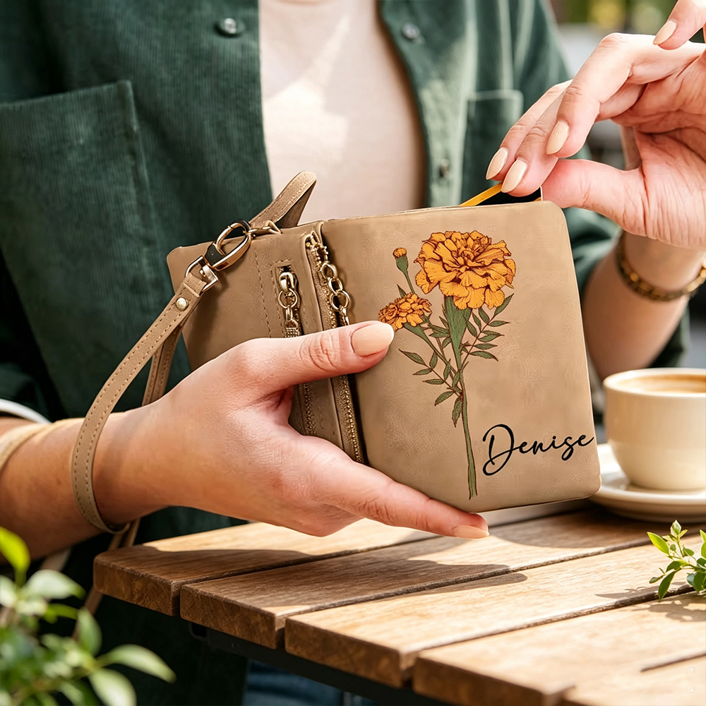 Custom Birth Flower Wallet for Women, Personalized Tri-Fold PU Leather Wristlet Purse with Name and Card Holder Floral Birthday Gift