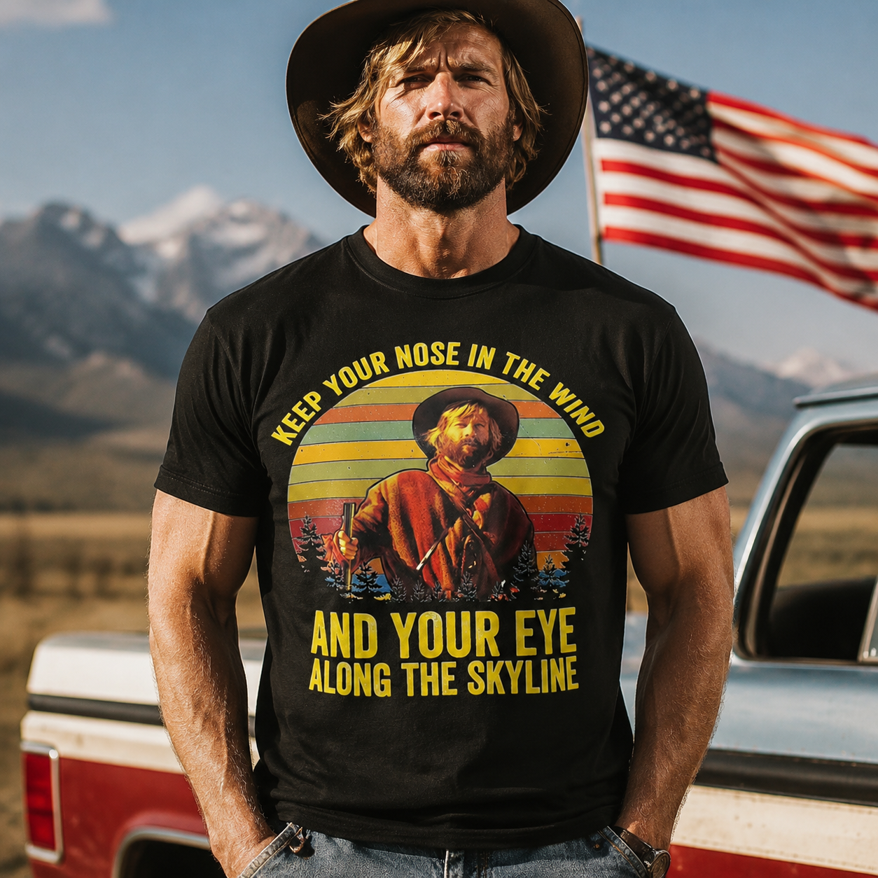 Western Cowboy Quote Graphic Tee – “Keep Your Nose in the Wind” Vintage Outdoor Patriotic T-Shirt