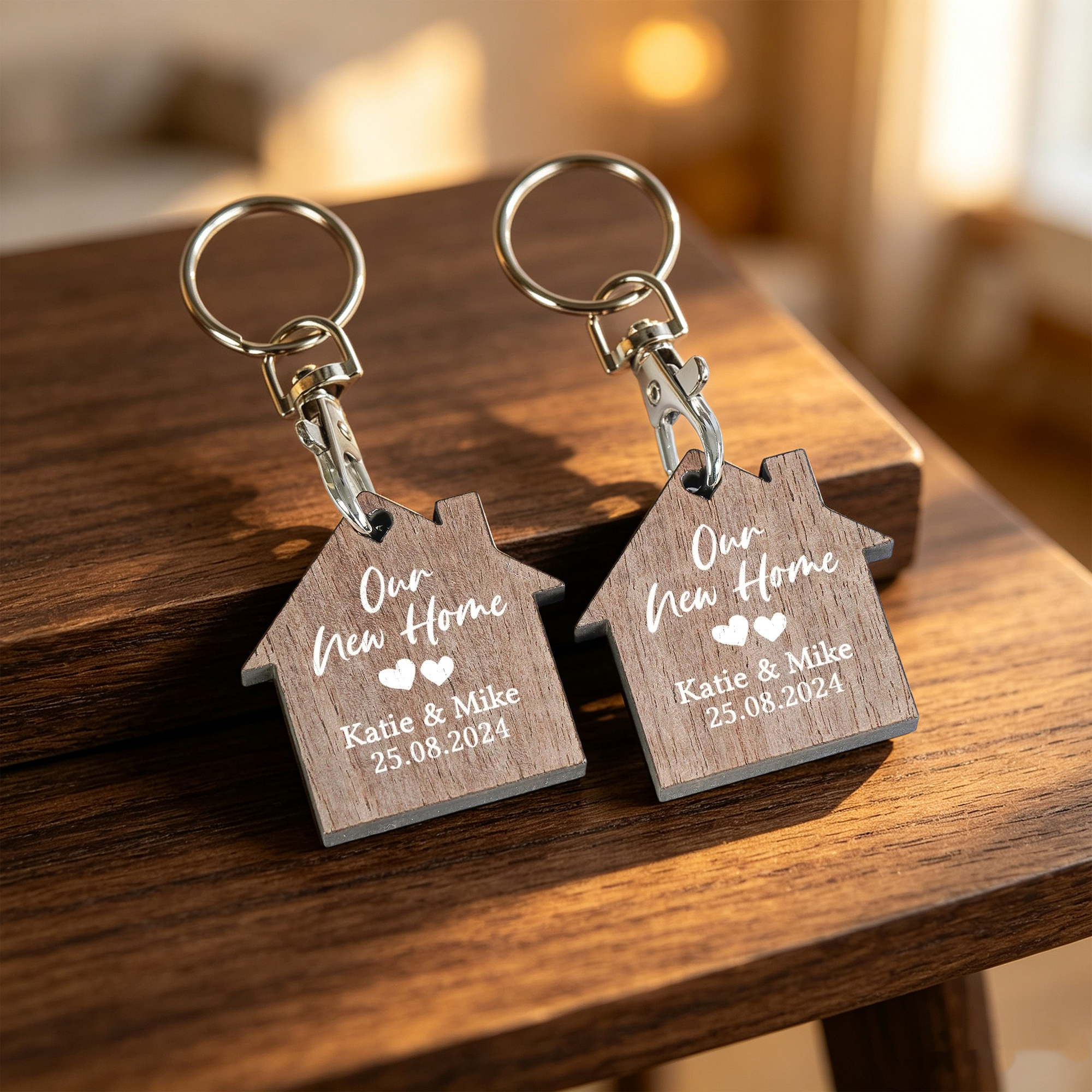 Personalized First Home Keychain Set – Custom Wooden House Keychains for Couples, New Home Gift