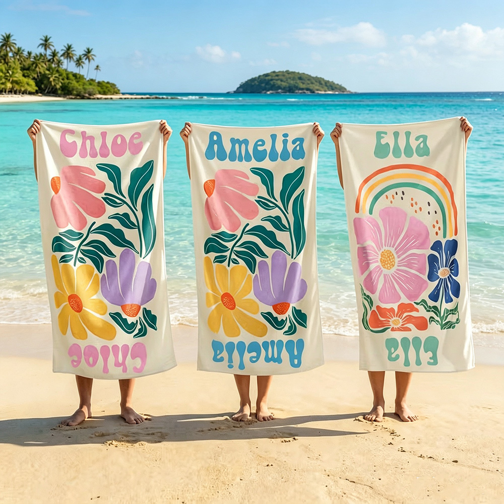 Personalized Flower Beach Towel with Name, Custom Oversized Quick Dry Towel, Colorful Floral Summer Blanket for Beach Vacation Birthday Gift for Women