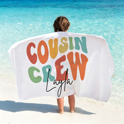 Personalized Cousin Crew Beach Towel with Custom Name, Oversized Quick-Dry Microfiber Towel for Summer, Pool & Beach