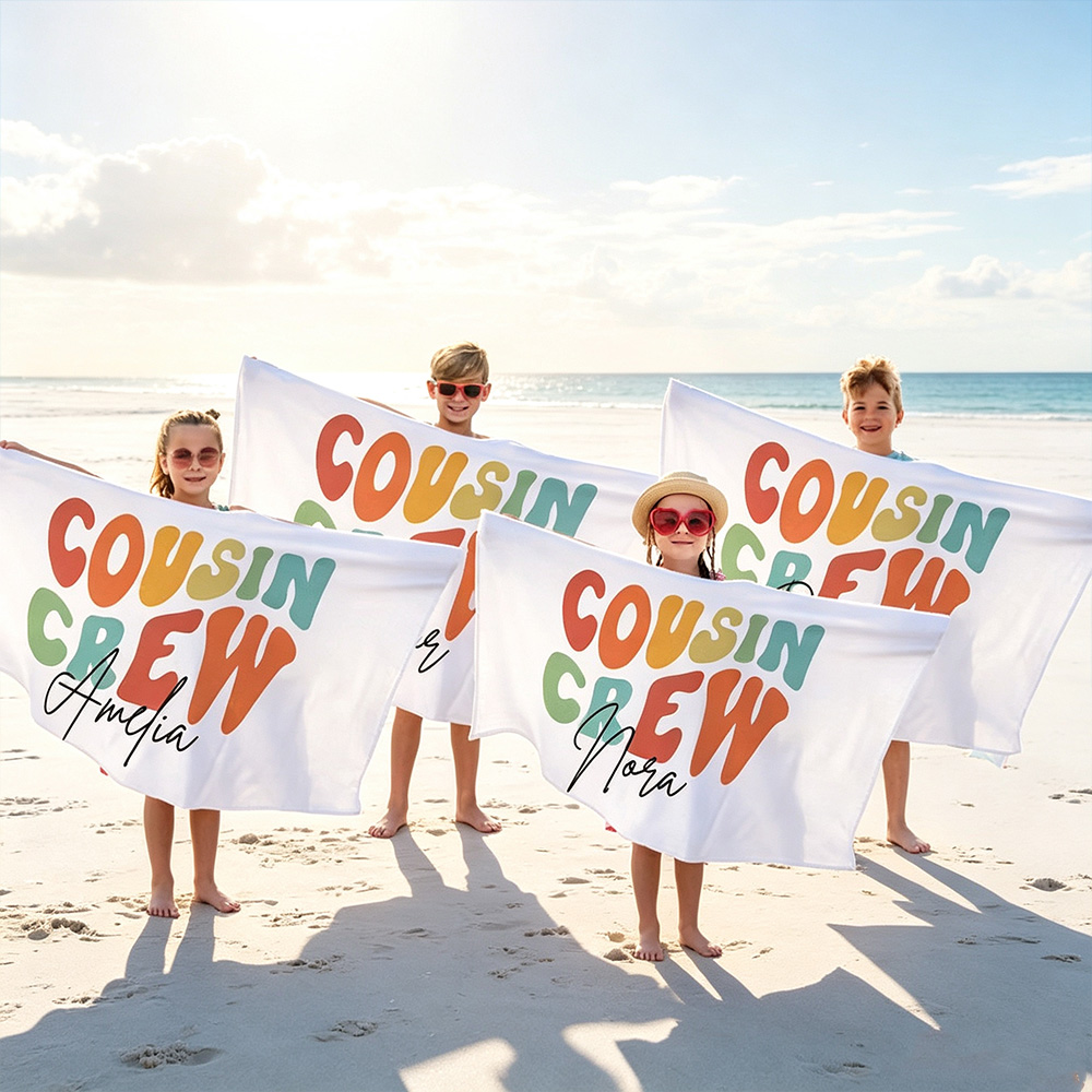 Personalized Cousin Crew Beach Towel with Custom Name, Oversized Quick-Dry Microfiber Towel for Summer, Pool & Beach