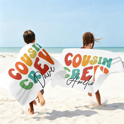 Personalized Cousin Crew Beach Towel with Custom Name, Oversized Quick-Dry Microfiber Towel for Summer, Pool & Beach