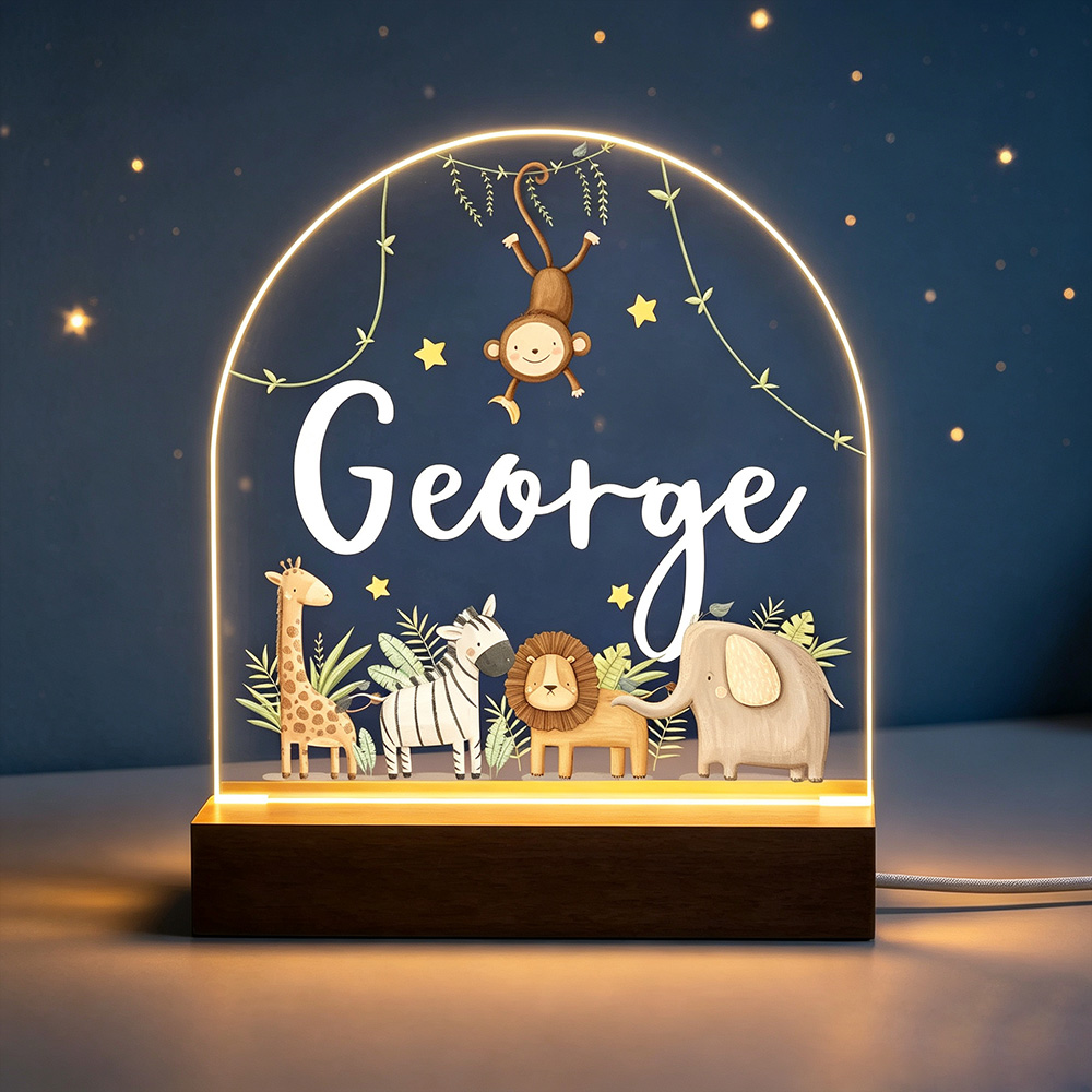 Personalized Safari Animal Night Light – Custom Kids LED Lamp with Name, Nursery Decor & Birthday Gift