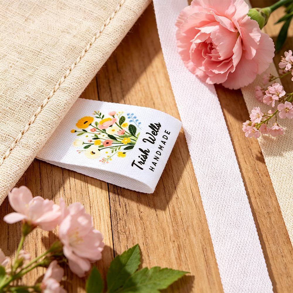 Personalized Birth Flower Fabric Labels 50 Pack Custom Cotton Sewing Tags with Name Text for Handmade Knitting Crochet DIY Crafts