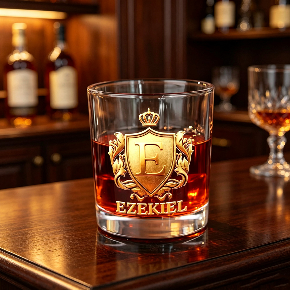 Personalized Initial Crest Whiskey Glass with Custom Name, 10 oz Old Fashioned Rocks Glass, Gift for Men