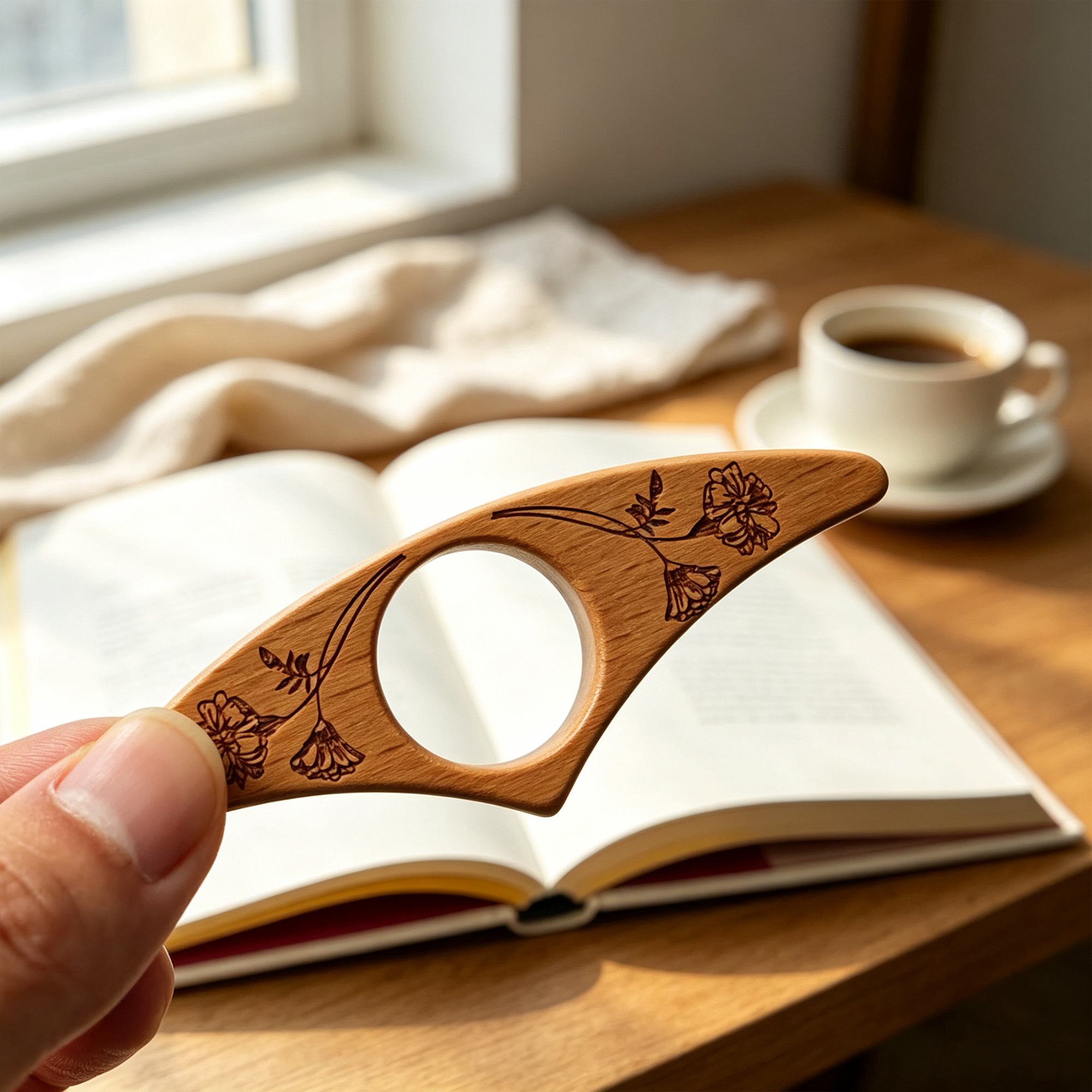 Personalized Birth Flower Wooden Thumb Book Holder, Custom Engraved Page Holder with Name, Gift for Book Lovers