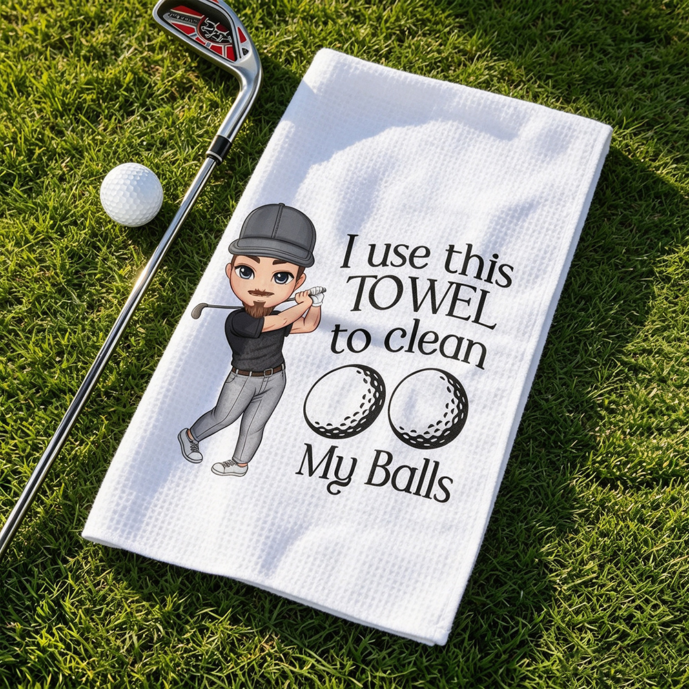 Personalised Golf Waffle Towel with Cartoon Golfer Design, Custom Name Super Absorbent Golf Towel with Hanging Clip, Unique Gift for Golf Lovers