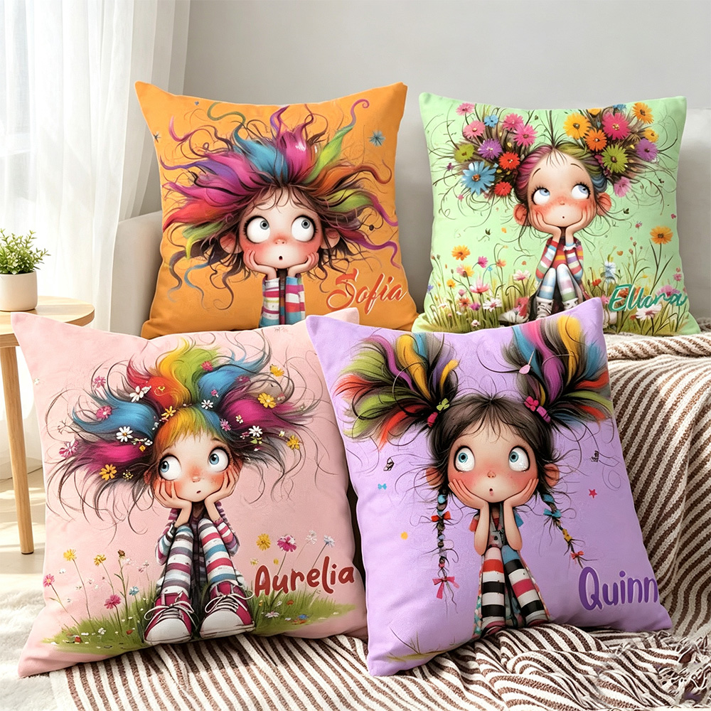 Personalised Quirky Girl Pillow Cover – Custom Name Cushion Gift for Girls & Women