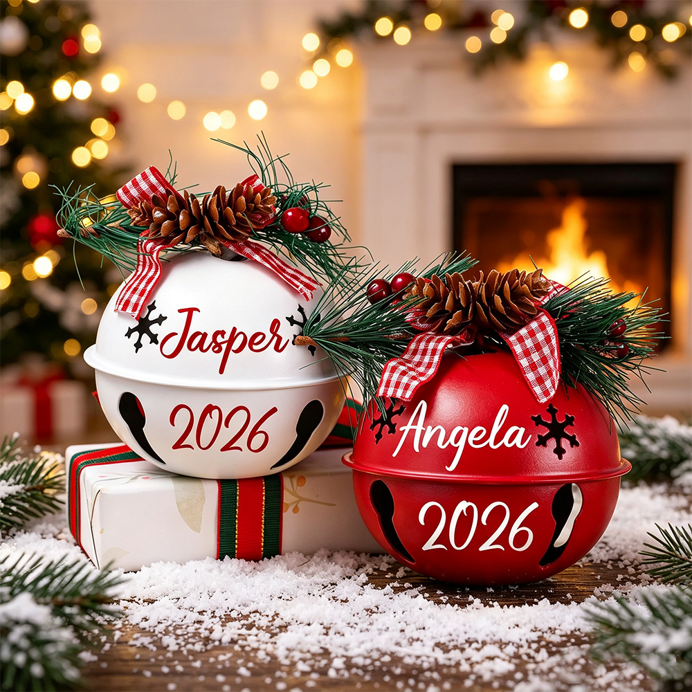 Personalized Christmas Bell Ornament with Pine Cone & Plaid Bow – Custom Name & Year Holiday Tree Decoration