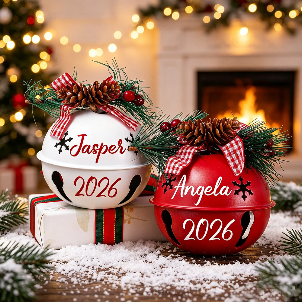 Personalized Christmas Bell Ornament with Pine Cone & Plaid Bow – Custom Name & Year Holiday Tree Decoration