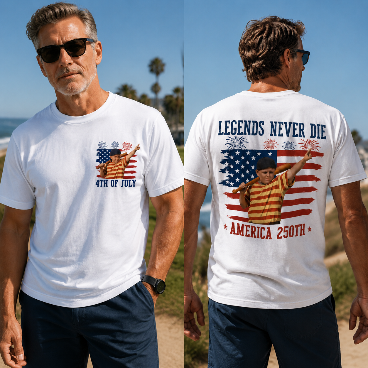 Legends Never Die – 4th of July & America 250th Patriotic Double-Sided Graphic T-Shirt
