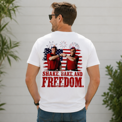 Shake, Bake, and Freedom 4th of July Patriotic Couple Graphic T-Shirt