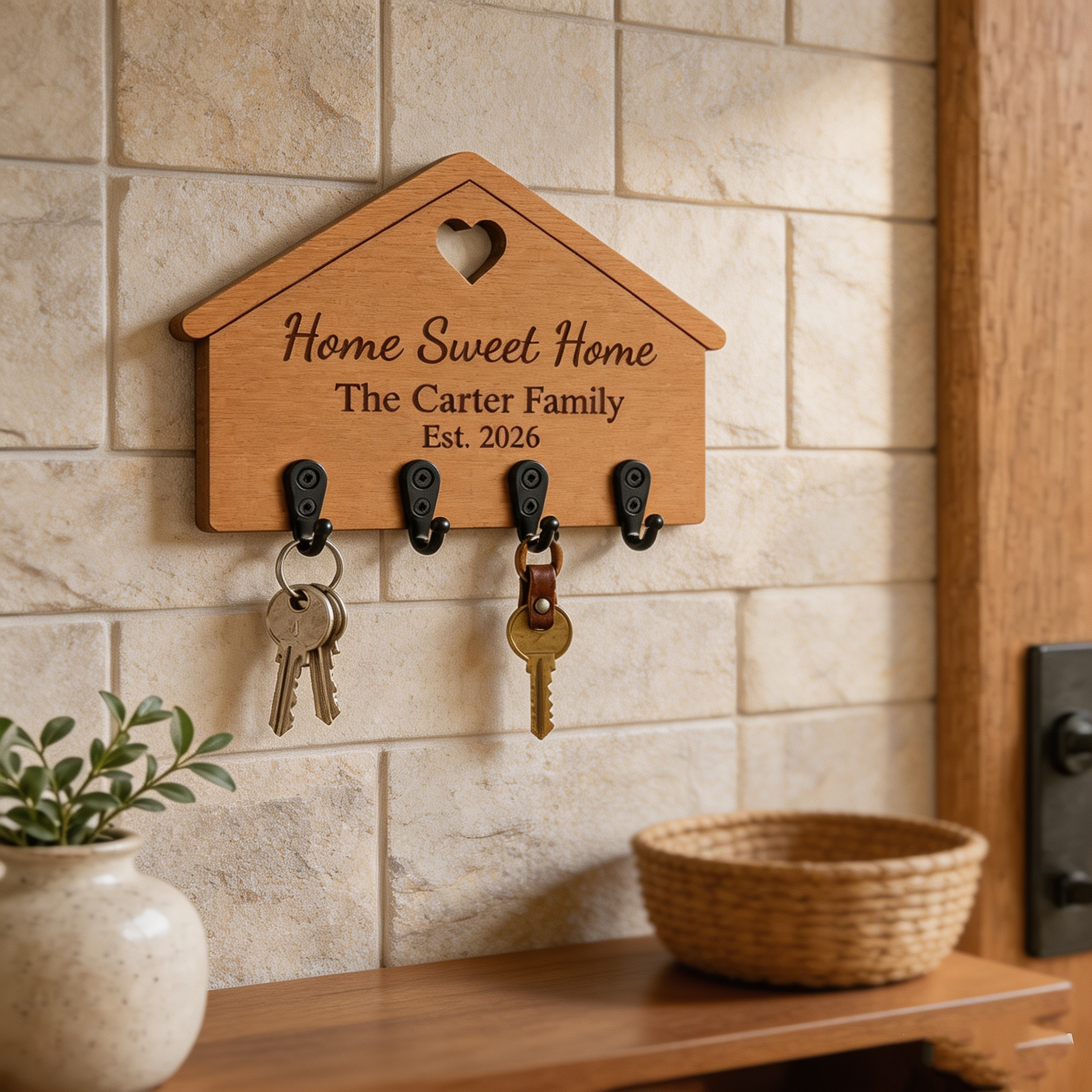 Personalized House-Shaped Wooden Key Holder – Custom Family Name Wall Mount Key Rack with Hooks, "Our Happy Place" Engraved Entryway Organizer Gift for New Home, Wedding & Housewarming