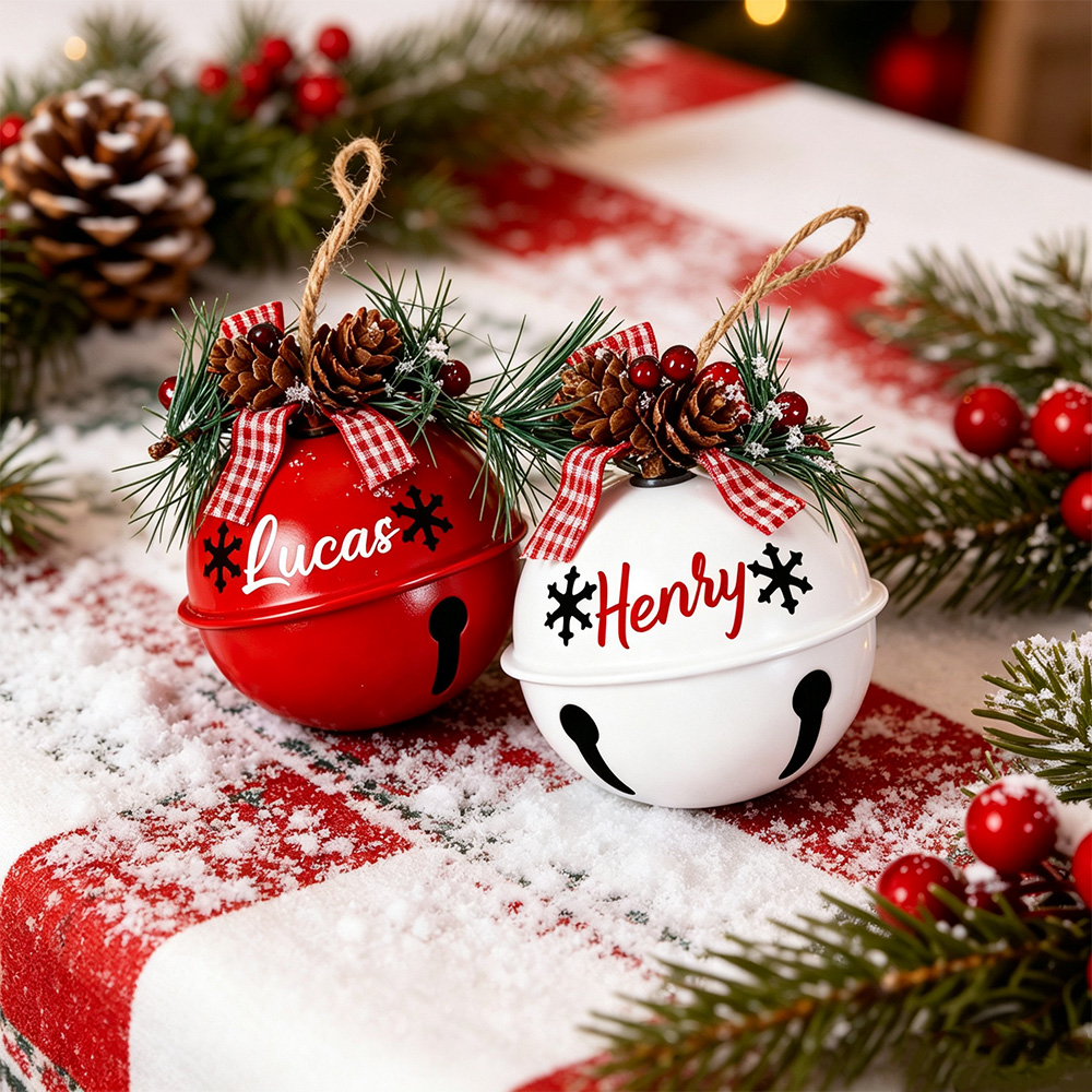 Personalized Christmas Bell Ornament with Pine Cone & Plaid Bow – Custom Name & Year Holiday Tree Decoration