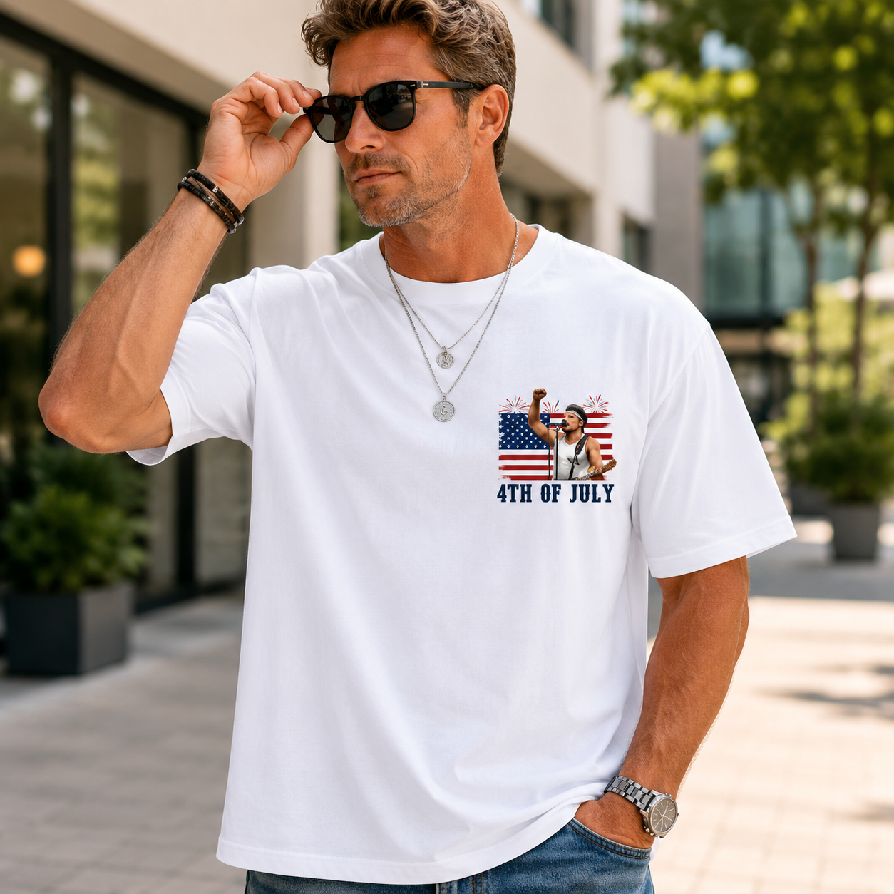 4th of July “Land of Hopes & Dreams” Patriotic Graphic T-Shirt – American Flag Fireworks Rock Music Tee