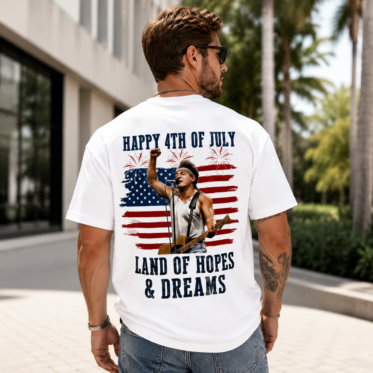 4th of July “Land of Hopes & Dreams” Patriotic Graphic T-Shirt – American Flag Fireworks Rock Music Tee