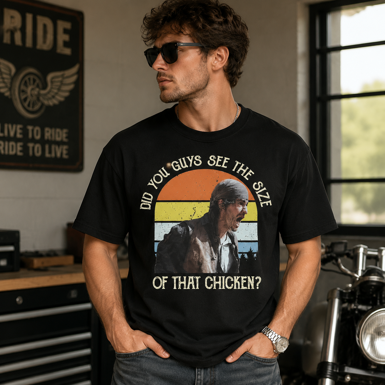 Retro Meme Graphic Tee – “Did You Guys See The Size Of That Chicken?” Vintage Sunset Print Shirt