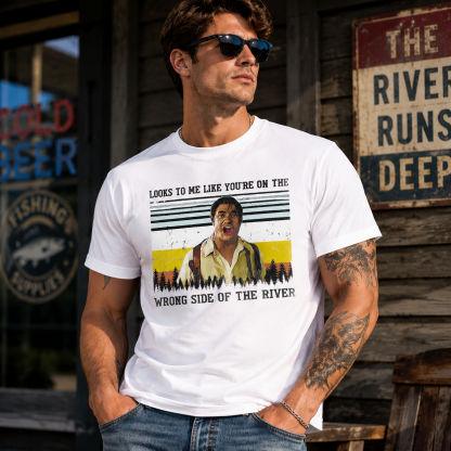 Wrong Side of the River Vintage Graphic Tee – Retro Cinematic Outdoor Quote Shirt