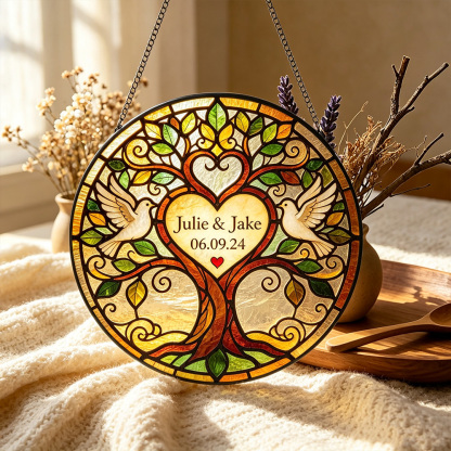 Personalized Tree of Life Stained Glass Suncatcher – Custom Wedding Keepsake Gift for Couples, Anniversary & New Home Decor