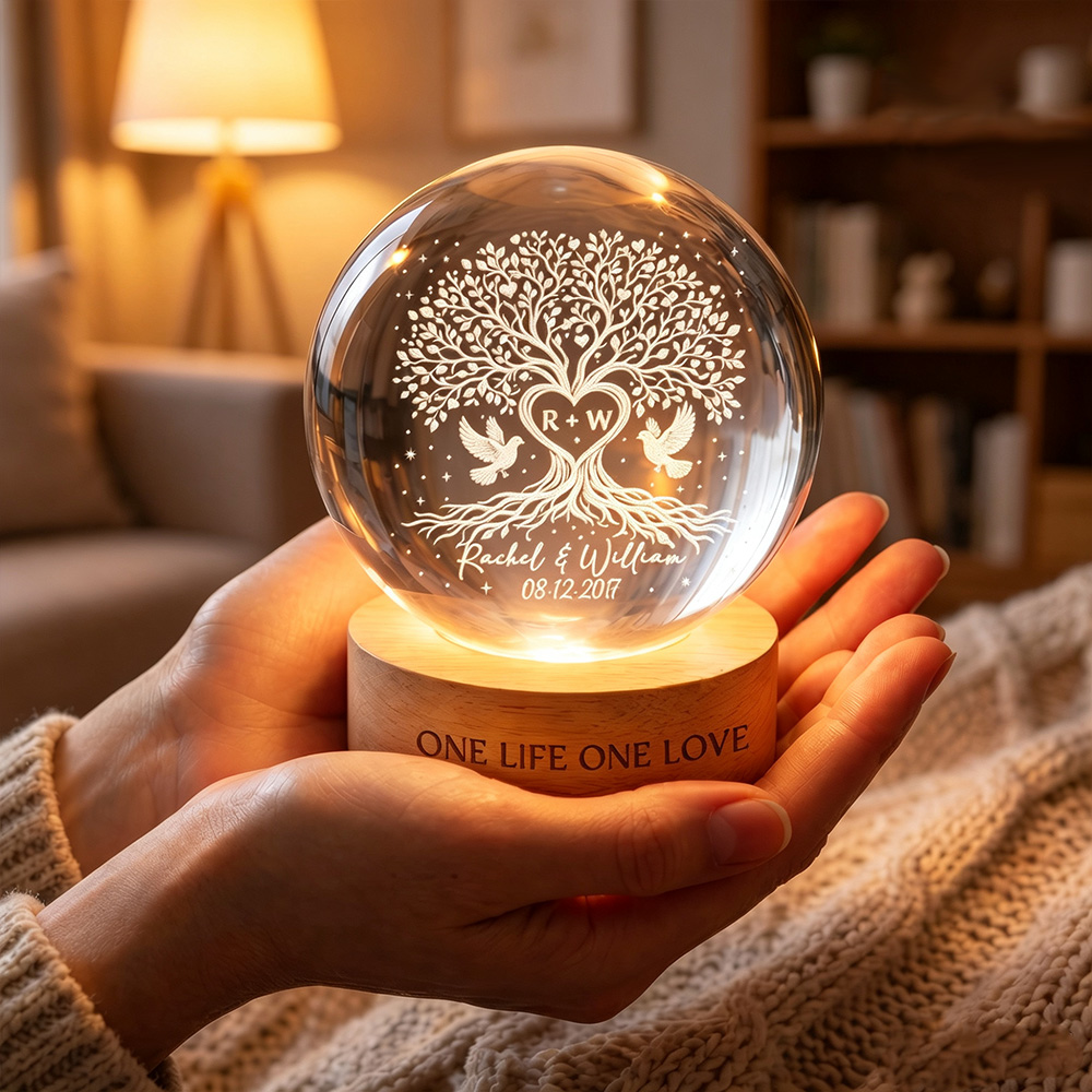 Personalized Tree of Love Crystal LED Ball Light – Custom Wedding Anniversary Gift for Couples, Romantic Home Decor Keepsake