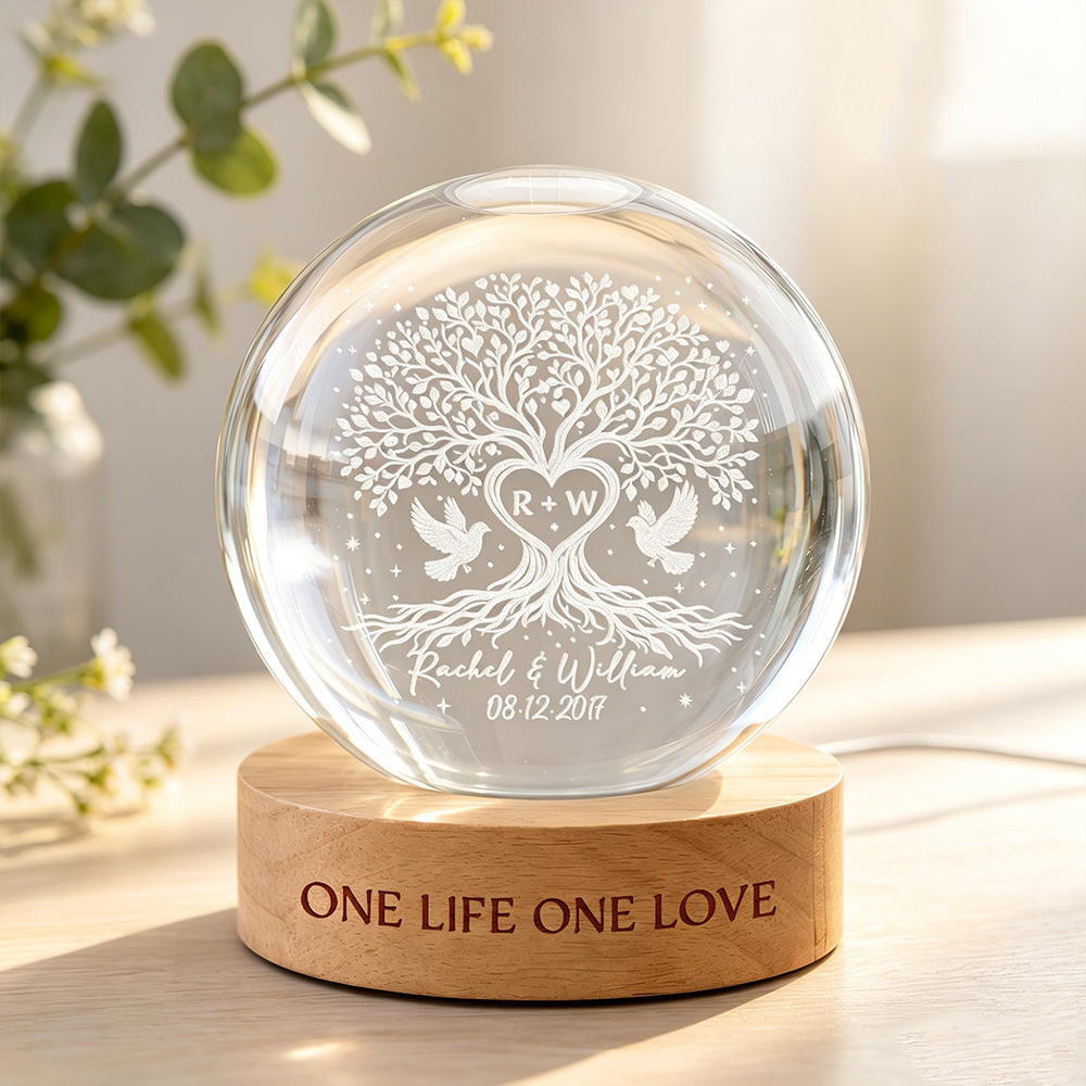 Personalized Tree of Love Crystal LED Ball Light – Custom Wedding Anniversary Gift for Couples, Romantic Home Decor Keepsake